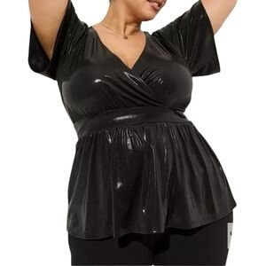 torrid Shiny Black V-Neck Wrap Peplum Top